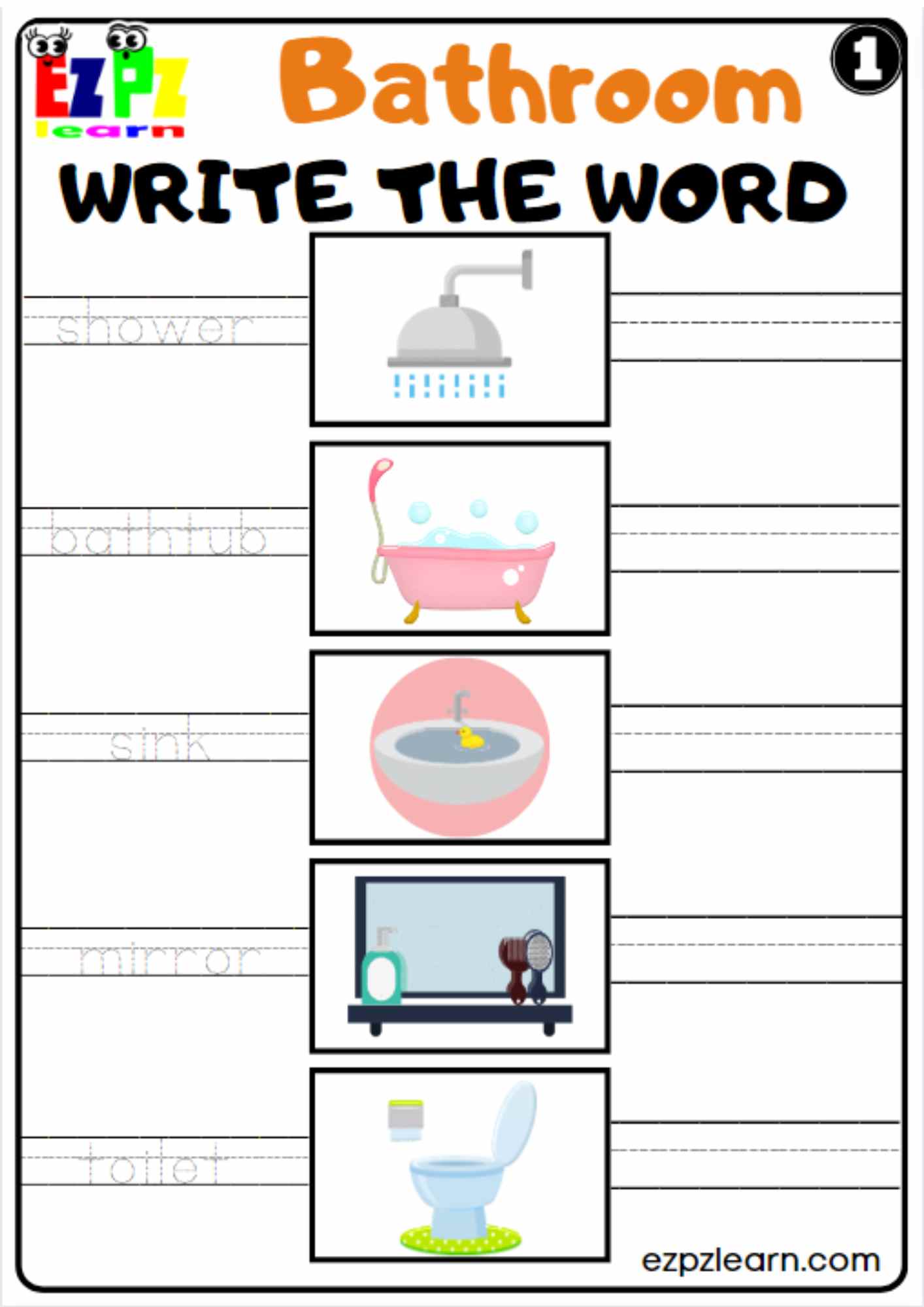 Bathroom Write the Word Worksheet for Kids K5 and ESL Free PDF Download Set 1